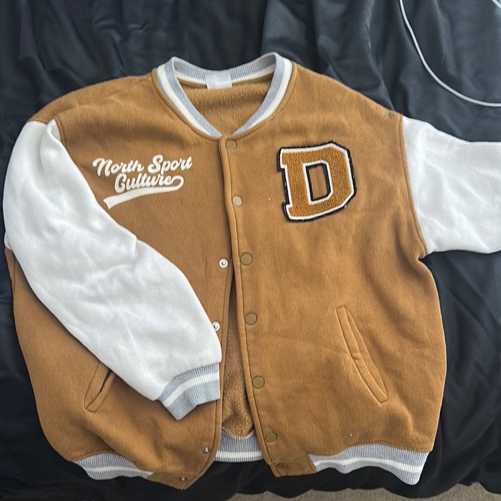 Zara Tan and White Varsity Jacket with 'D' Patch